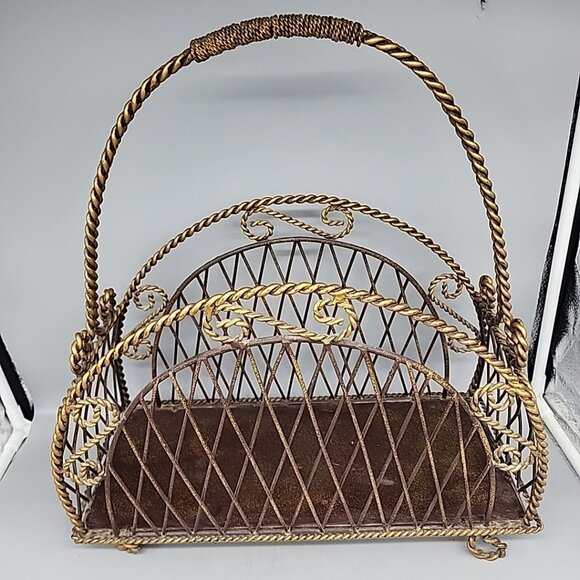 Vintage Twisted Metal Magazine Rack Gold 18" Tall - Picture 2 of 7